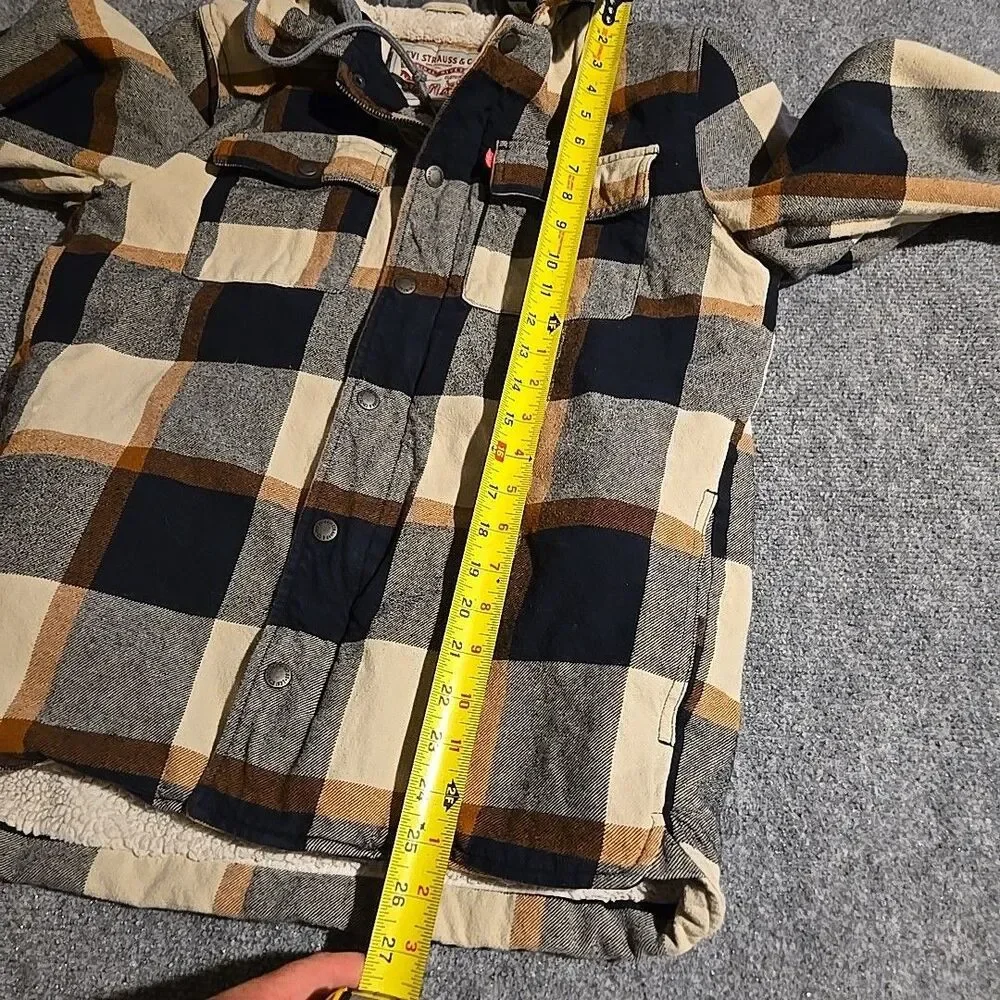 Levi's Sherpa Lined Hooded Jacket Mens Small Brown Plaid Front Zip Pockets